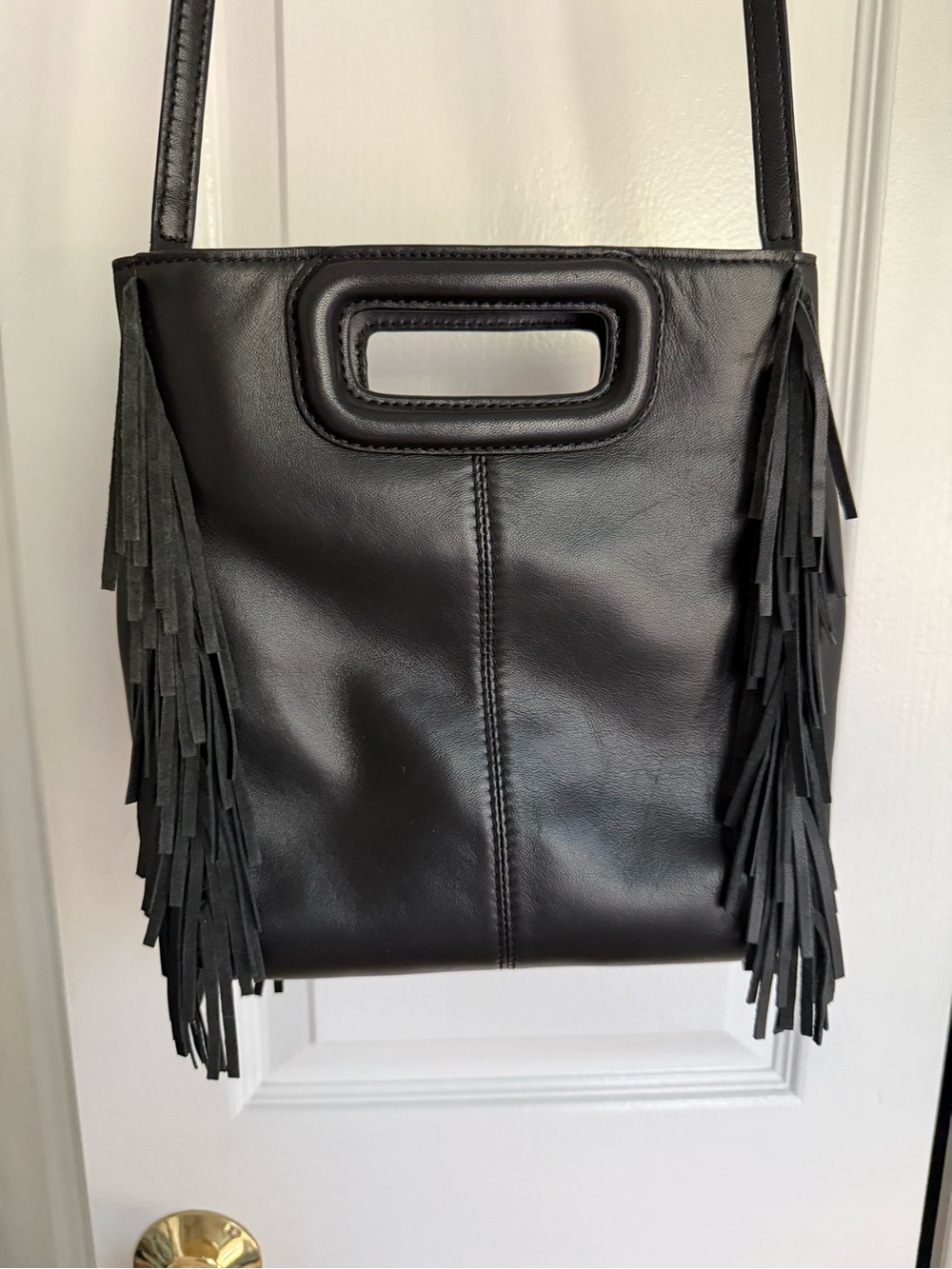 Maje Beaded Fringe M Bag Crossbody Navy Ivory Black Sheep Leather Cutout Handle - Picture 7 of 10